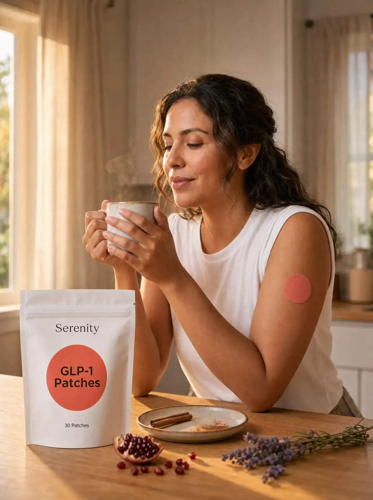 Mujer con el parche Serenity discreto en el brazo