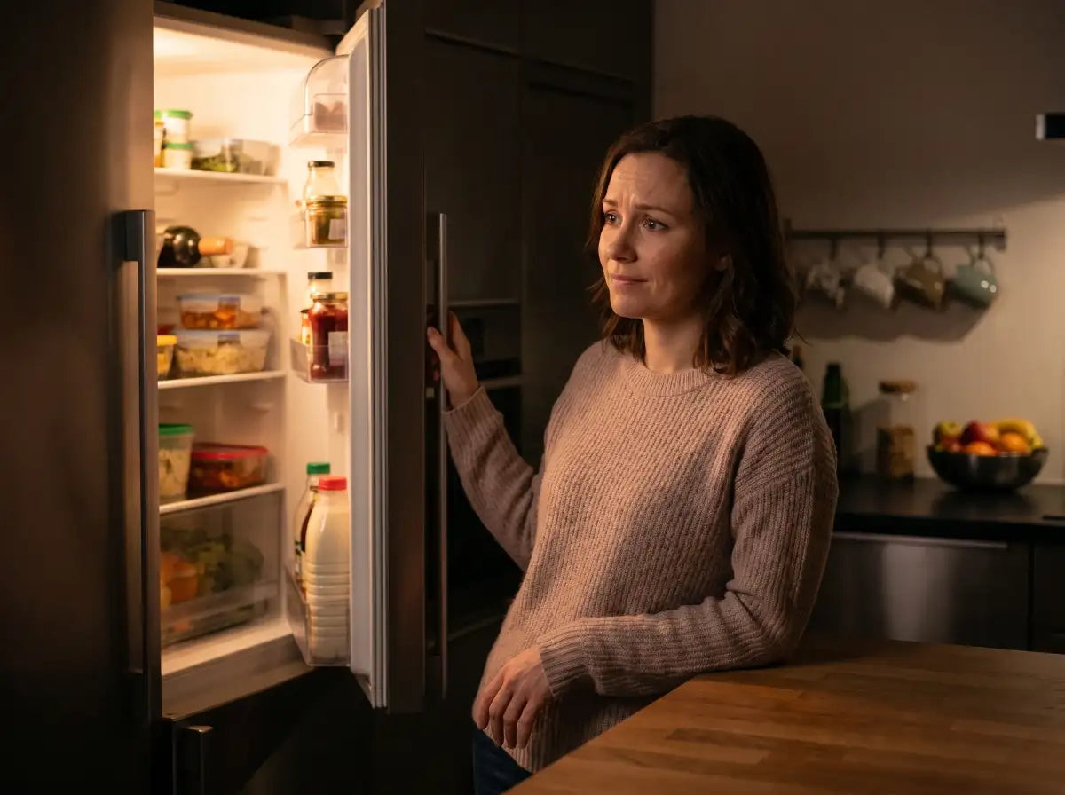 Mujer frente a la nevera de noche con ansiedad por comer